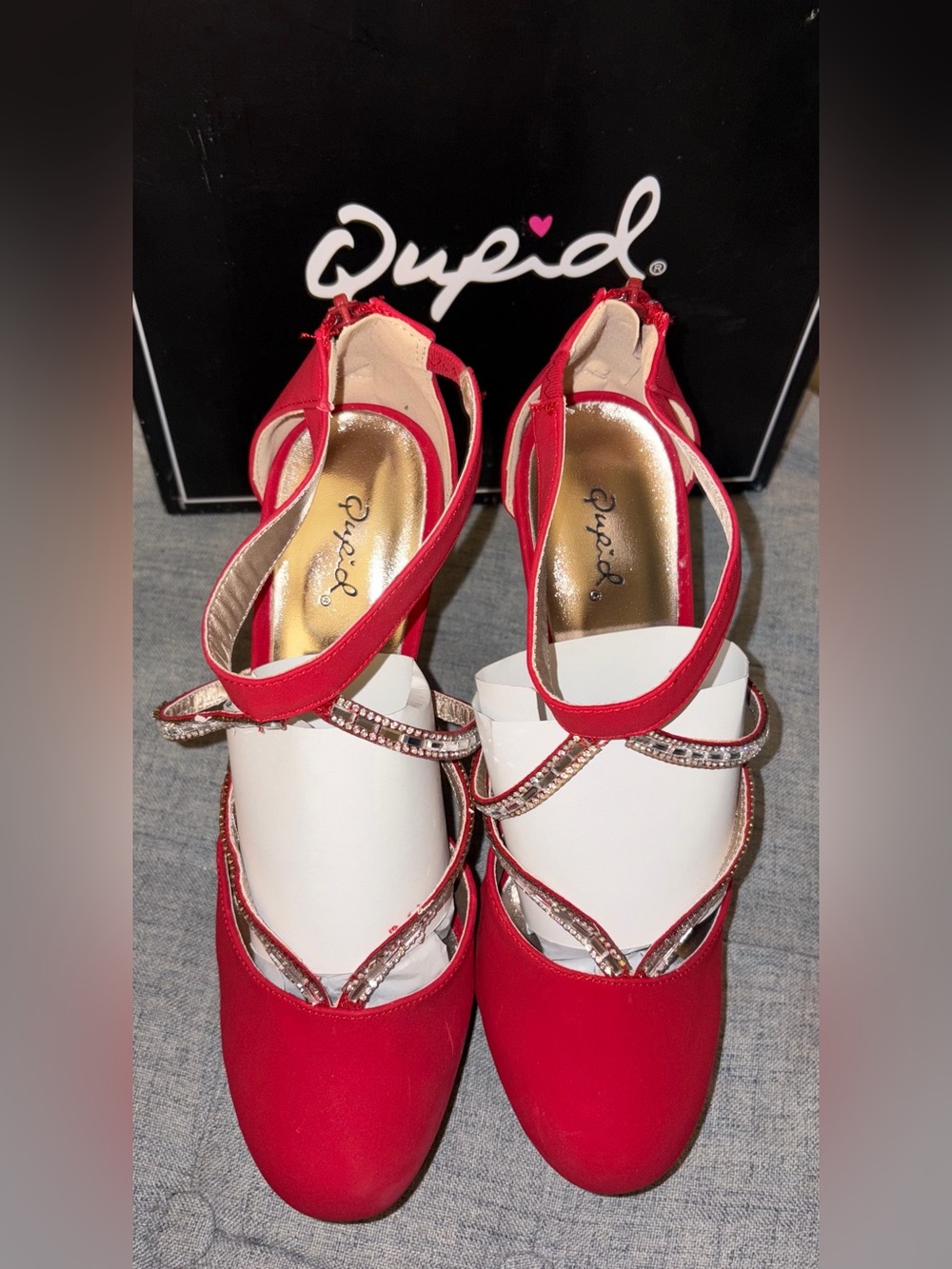 Qupid Red Rhinestone Crisscross Strap Pointed Heels